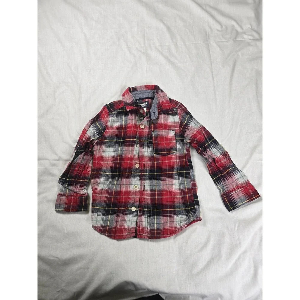 OshKosh B'gosh Shirt Boys 3T Red‎ Plaid Flannel Button Up Long Sleeve Collared